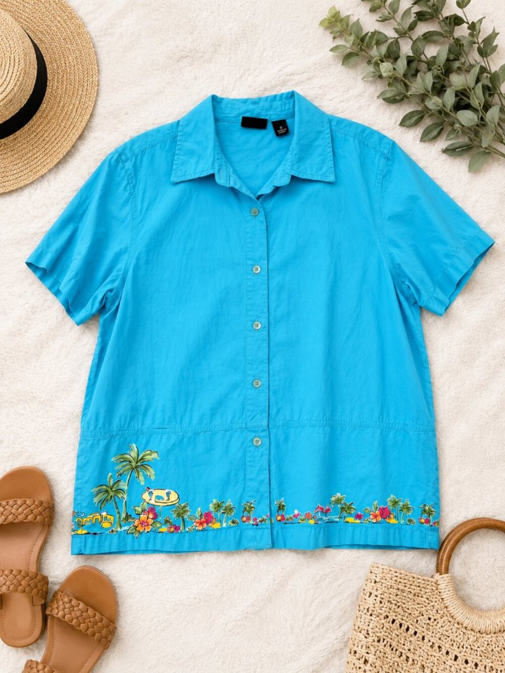 Eliza Turquoise Tropical Button-Up Camp Shirt Size L 100% Cotton